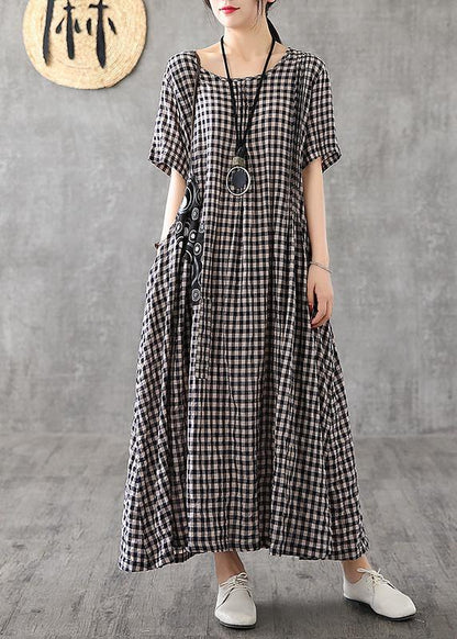 Blue Plaid Linen Dresses Summer Cotton Dress
