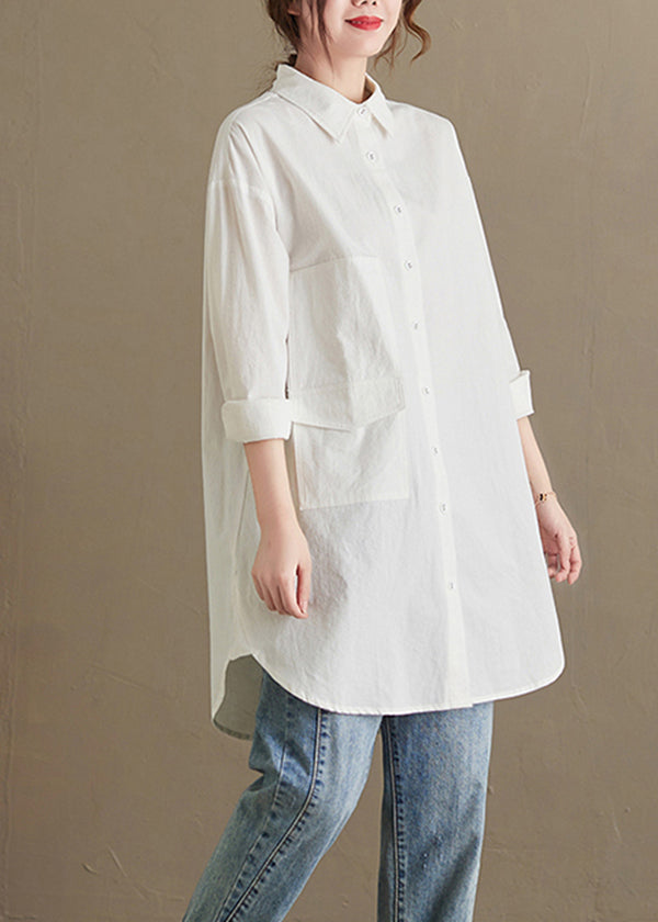 White Peter Pan Collar Pockets Cotton Shirt Top Fall
