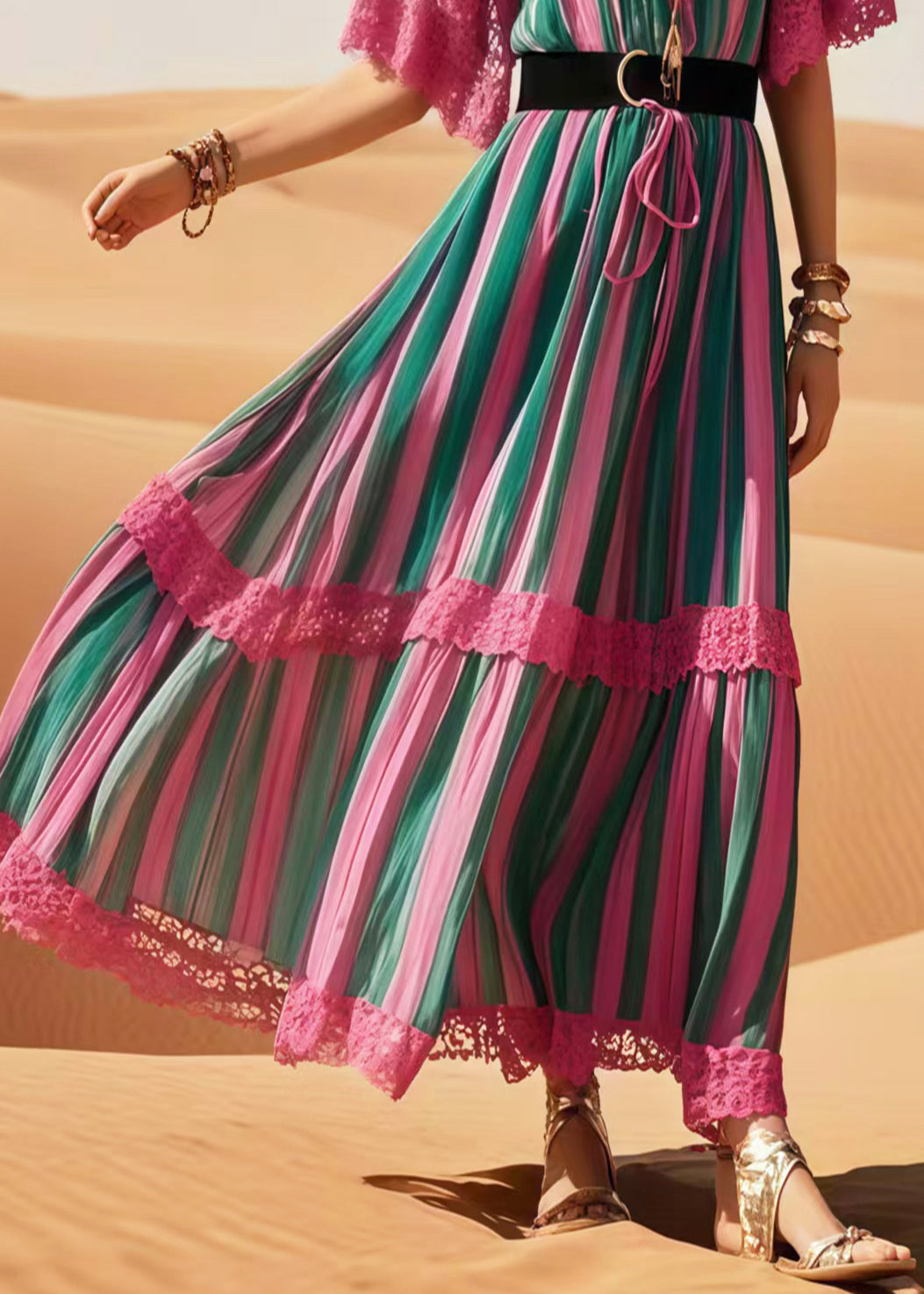 Polychrome Striped Patchwork Lace Tunic Dress Summer