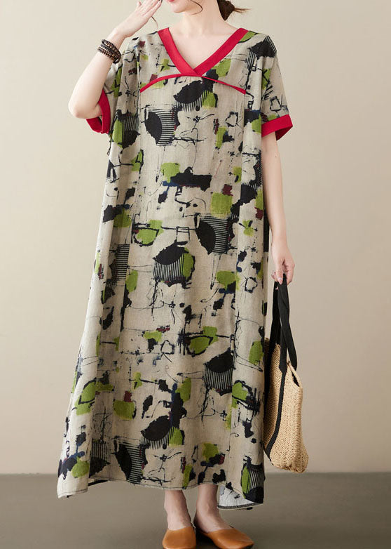 Green V Neck Print Patchwork Linen Long Dresses Summer
