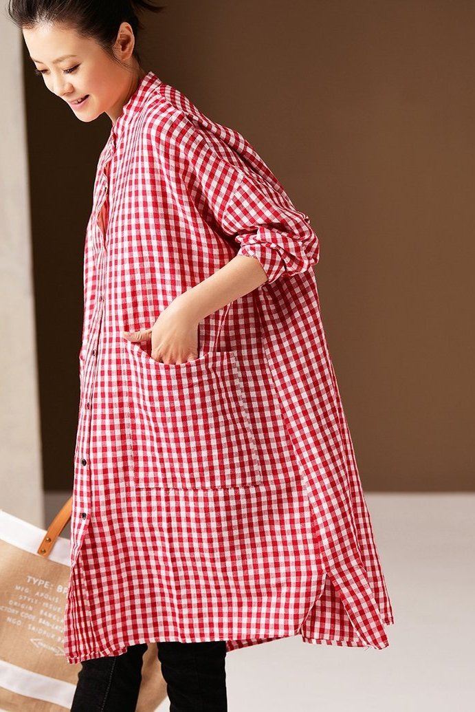 Korea Style Medium Length Loose Plaid Shirt Blouse