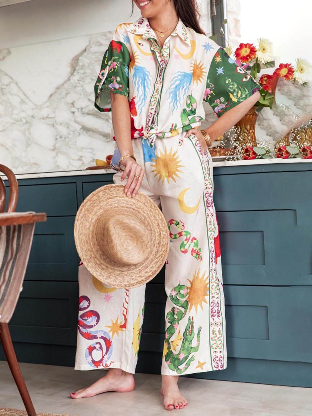 Short Sleeve Unique Print Loose Shirt and Elastic Waist Pants Set