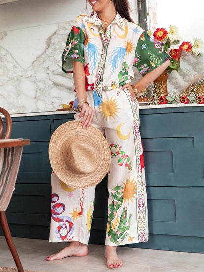Short Sleeve Unique Print Loose Shirt and Elastic Waist Pants Set