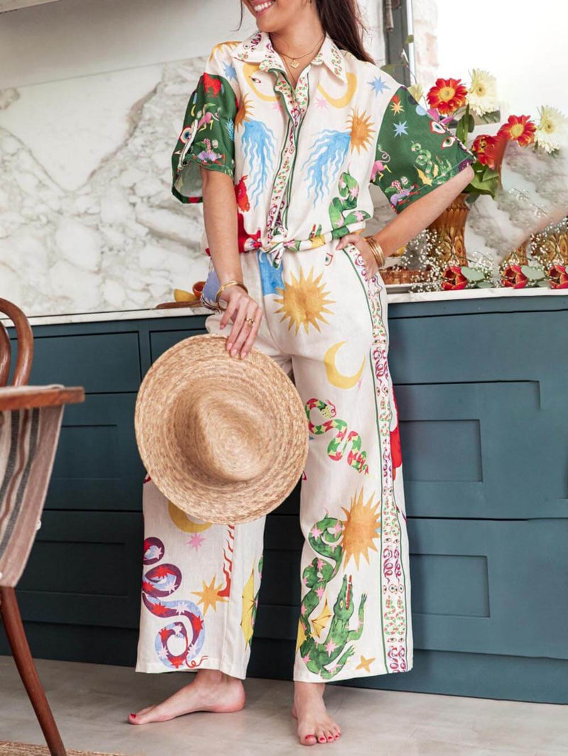 Short Sleeve Unique Print Loose Shirt and Elastic Waist Pants Set