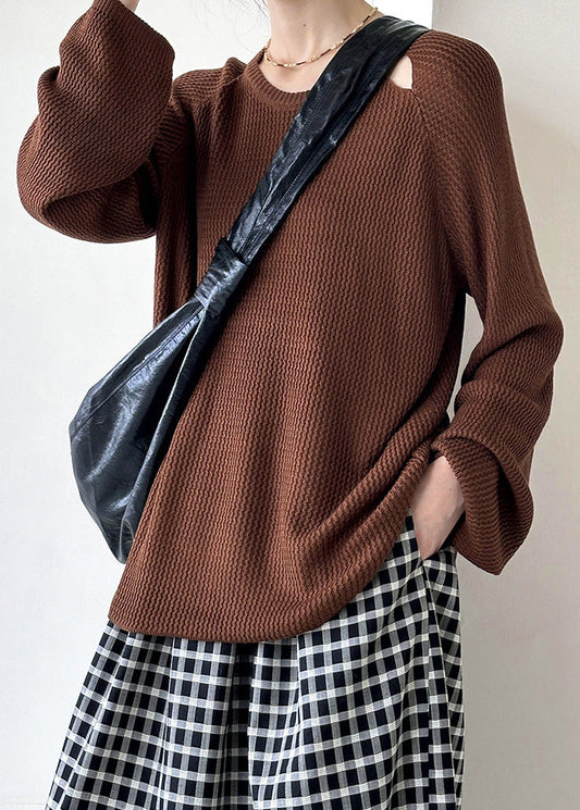 Brown O Neck Hollow Out Knit Sweaters Fall