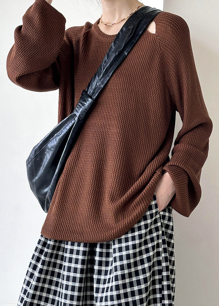 Brown O Neck Hollow Out Knit Sweaters Fall