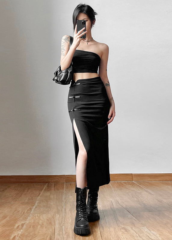 Black High Waist Side Open Chinese Button Skirt Summer