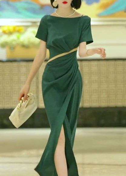 Green Slash Neck Slim Fit Cotton Dress Summer