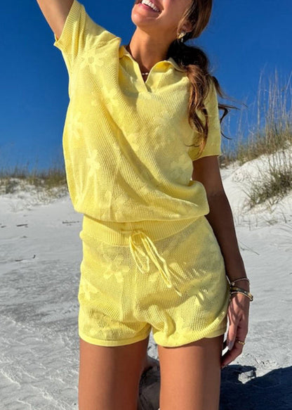 Yellow Cut Out Knit Clitoris Swimsuit Cover Set