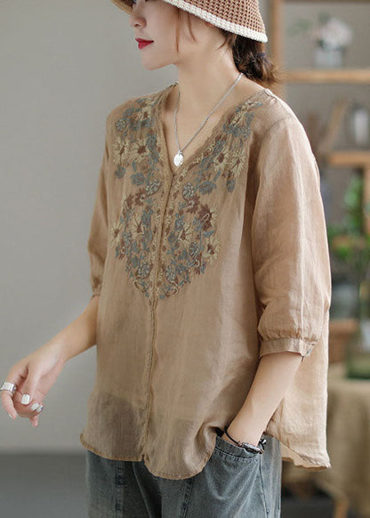 Khaki Embroidered Lace Patchwork Linen Shirt Top Half Sleeve