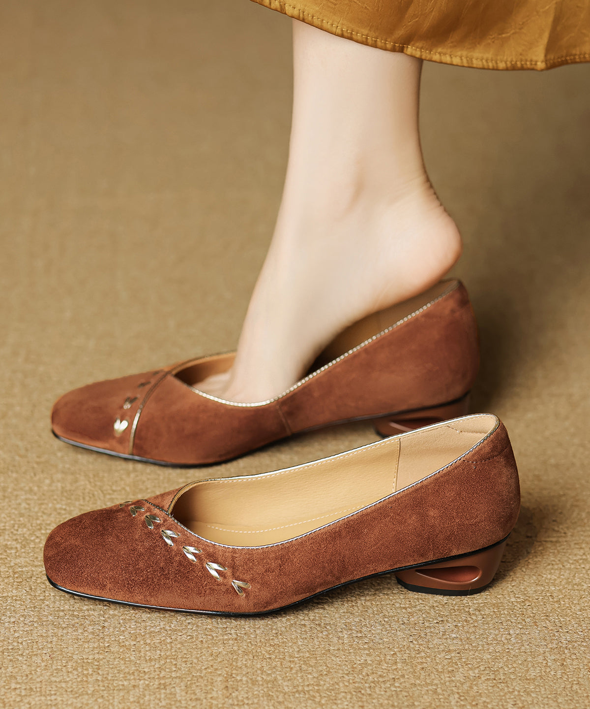Brown Splicing Suede Chunky Shoes Square Toe