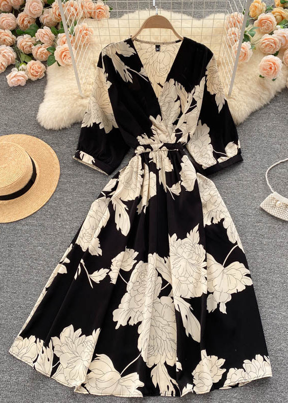 Black V Neck Print Chiffon Dresses Half Sleeve