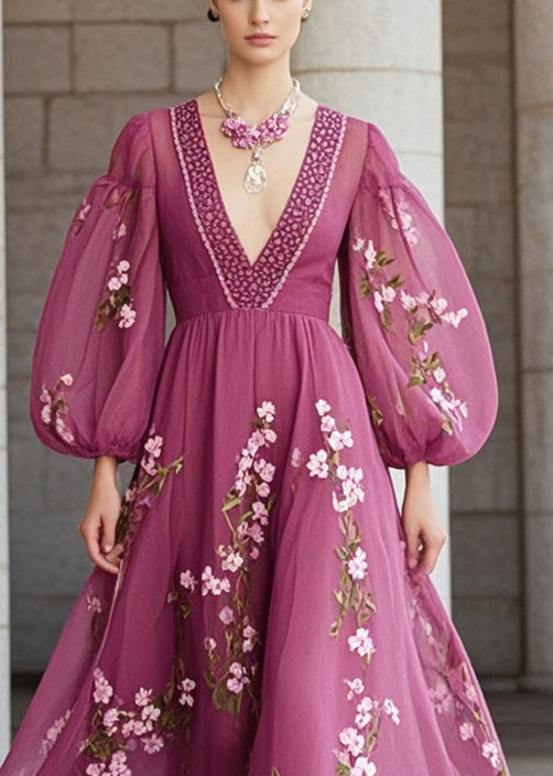 Purple Print Chiffon Party Dress Lantern Sleeve