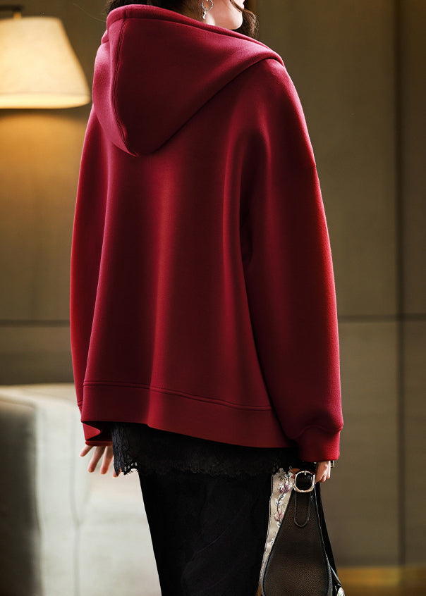 Red Hooded Pockets Zippered Cotton Coats Fall