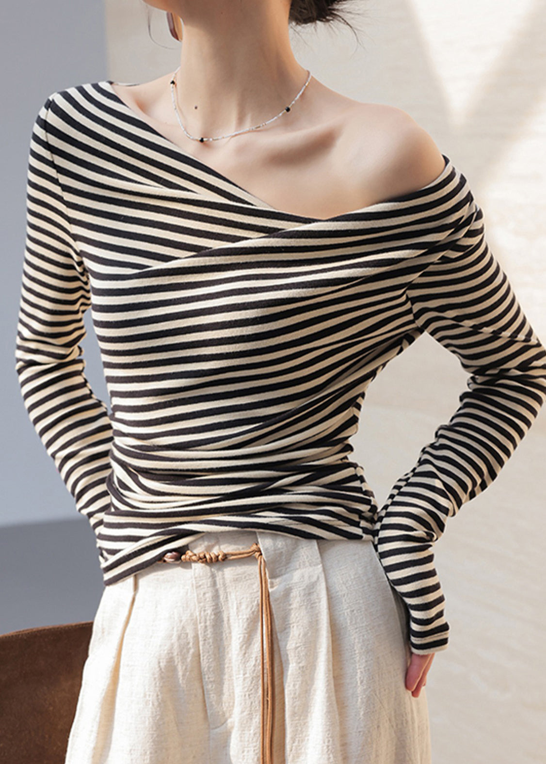 Black Cold Shoulder Striped Cotton Shirt Tops Fall