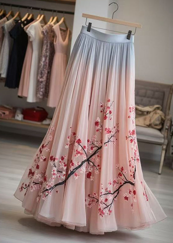Pink Print Elastic Waist Chiffon Pleated Skirt Summer