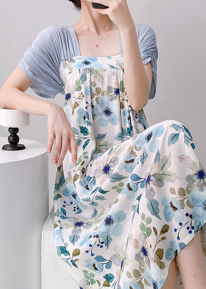 Natural Light Blue Print Patchwork Maxi Dresses Pajama Summer