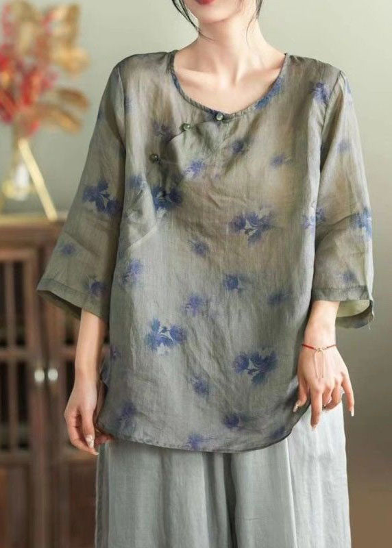 Grey Patchwork Linen Tops and Pants Two Pieces Set O Neck Summer
