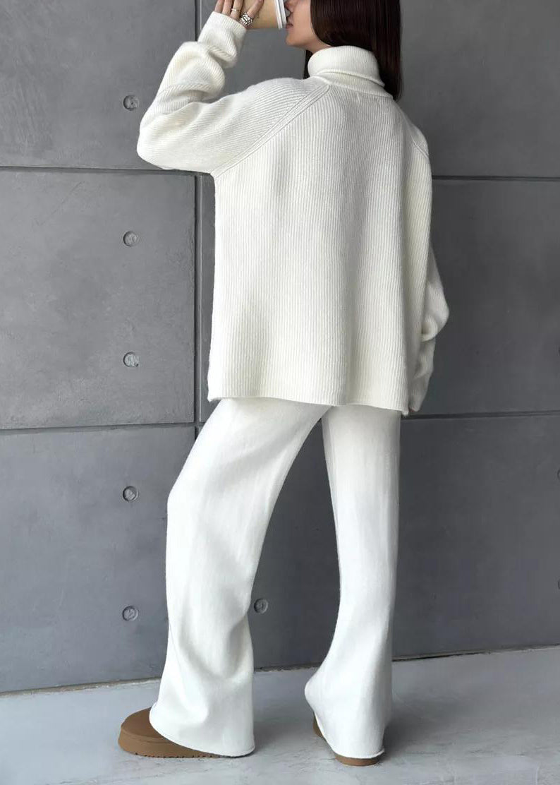 Stylish White High Neck Zip Up Knit Sets 2 Pieces Spring