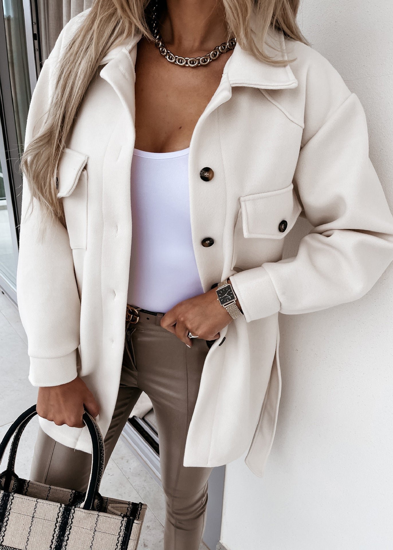 Italian White Peter Pan Collar Tie Waist Woolen Coat Fall