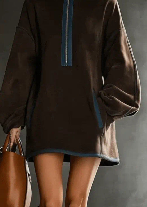 Brown High Neck Zip Up Patchwork Faux Suede Mini Dress Fall