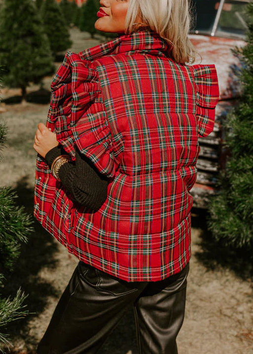Red Ruffled Plaid Fine Cotton Filled Vest Tops Winter