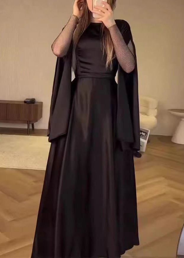Black O Neck Patchwork Slim Fit Silk Dress Fall