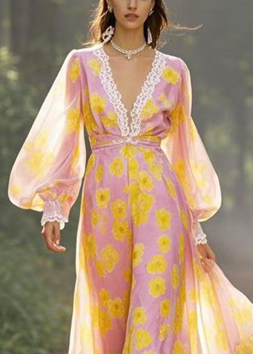 Yellow V Neck Print Chiffon Maxi Dresses Spring
