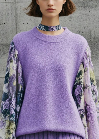 Purple Oversized Patchwork Print Knitted Tops Lantern Sleeve