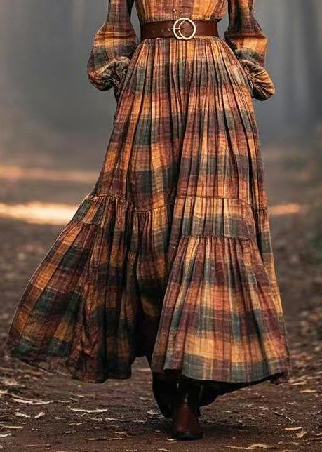 Brown Plaid Exra Large Hem Cotton Cinched Dresses Spring