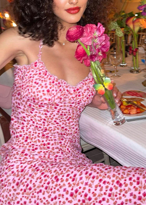 Pink Print Cotton Spaghetti Strap Dress Summer