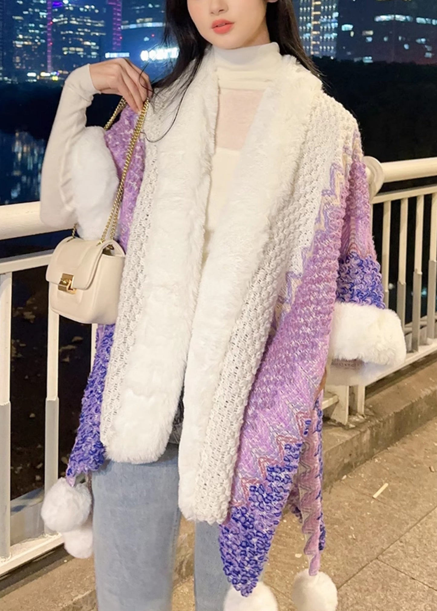 Purple V Neck Fuzzy Ball Patchwork Knit Cape Coats Spring