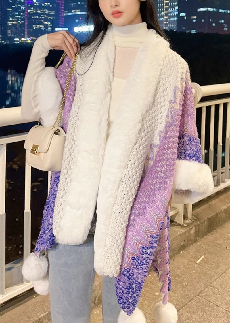 Purple V Neck Fuzzy Ball Patchwork Knit Cape Coats Spring