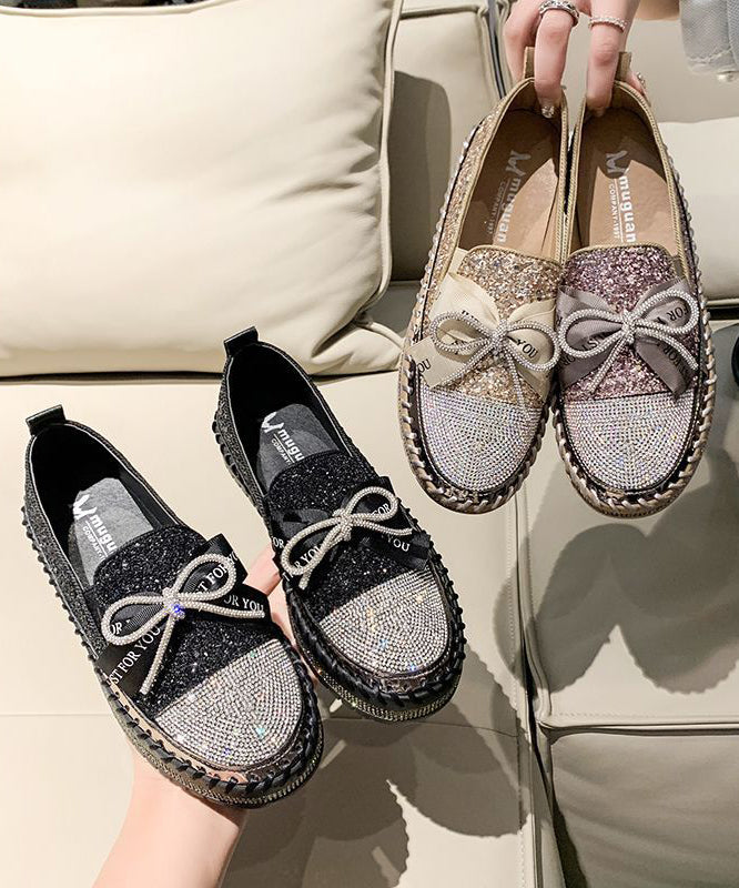 Stylish Splicing Gold Platform Flat Shoes Black Zircon Bow