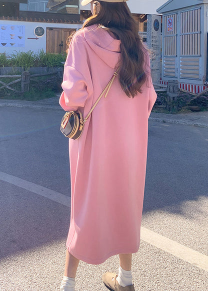 New Pink Hooded Pockets Cotton Dresses Fall