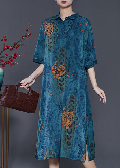 Blue Print Side Open Silk a Line Dress Summer