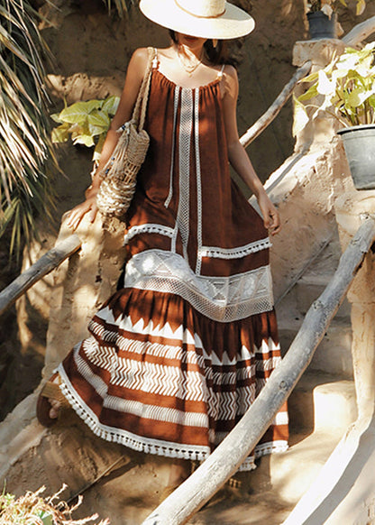 Unique Coffee Backless Tasseled Patchwork Cotton Spaghetti Strap Dress Sleeveless