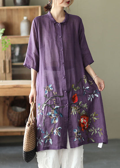Purple Button Embroidered Fall Shirt Half Sleeve