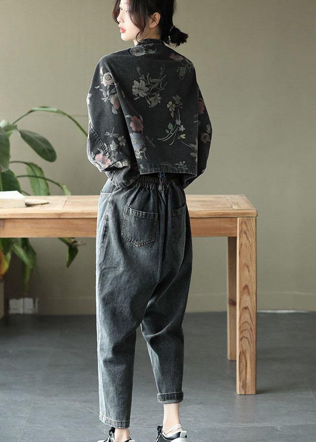 Black Print Batwing Sleeve Denim Tops