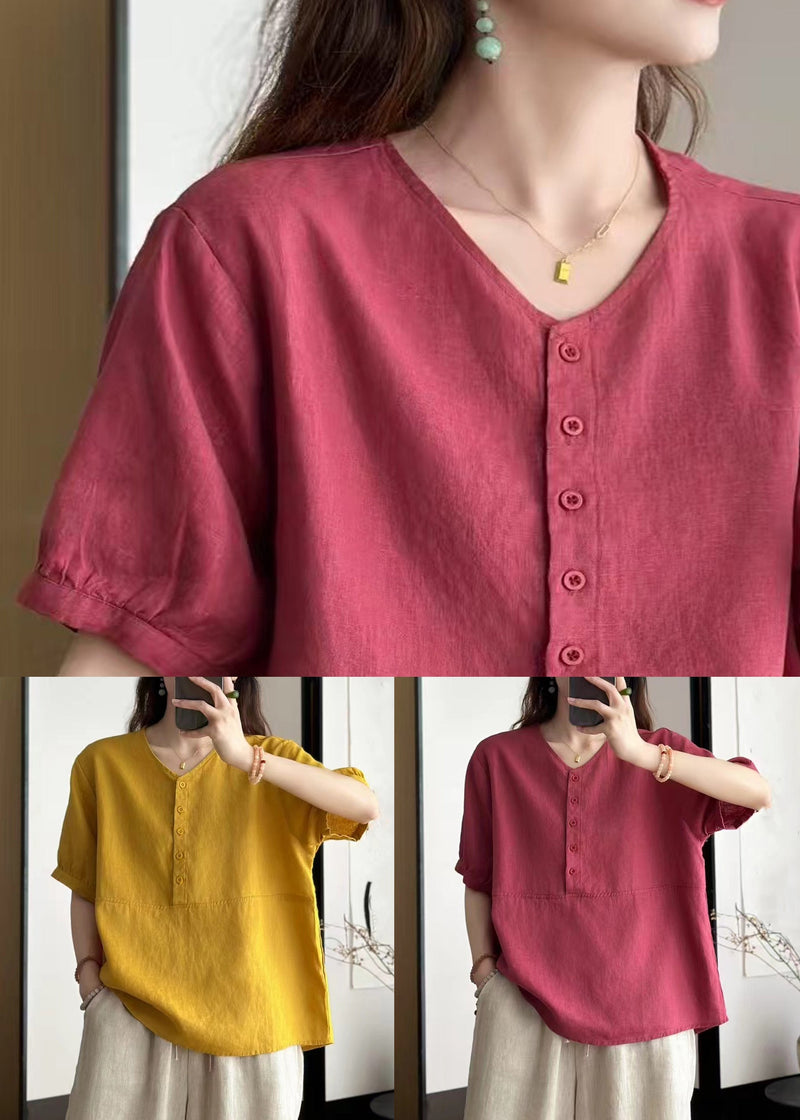 Rose Button Patchwork Loose Linen Summer Shirts V Neck