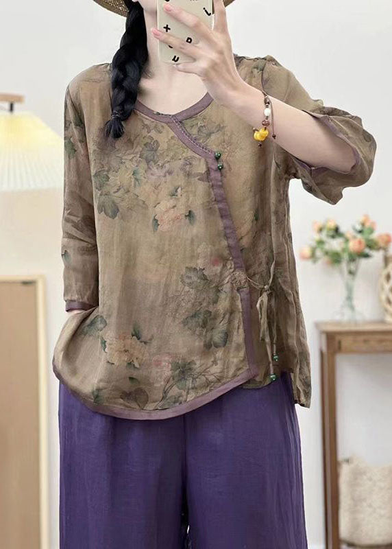 Coffee O Neck Print Lace Up Patchwork Linen Top Summer