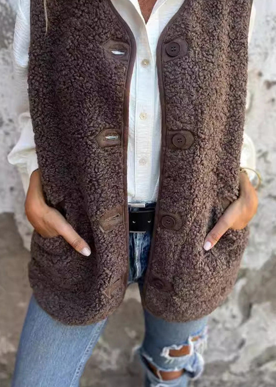 New Coffee Pockets Button Faux Fur Vest Fall
