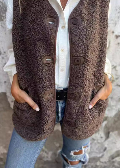 New Coffee Pockets Button Faux Fur Vest Fall