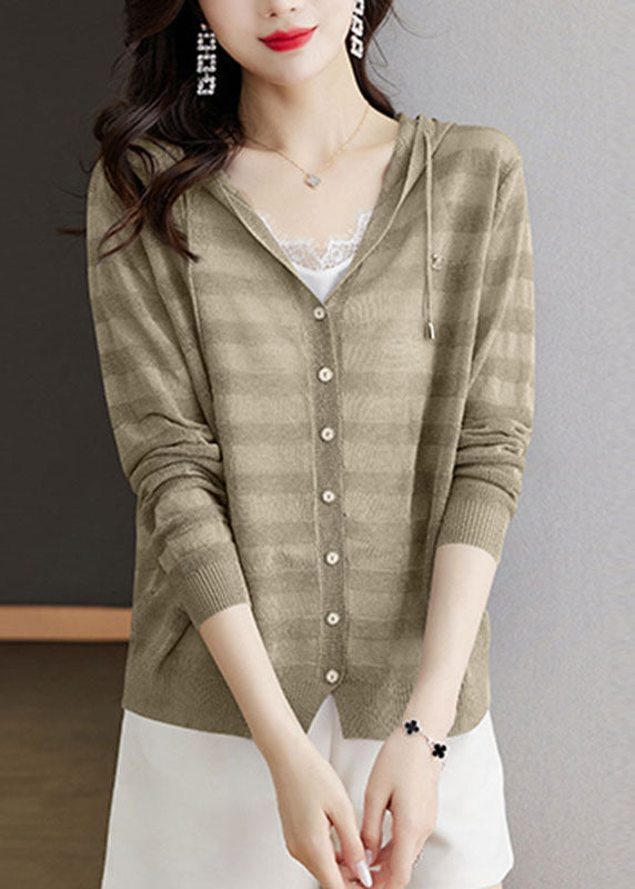 Blue Striped Patchwork Drawstring Hooded Ice Size Knit Cardigan Long Sleeve