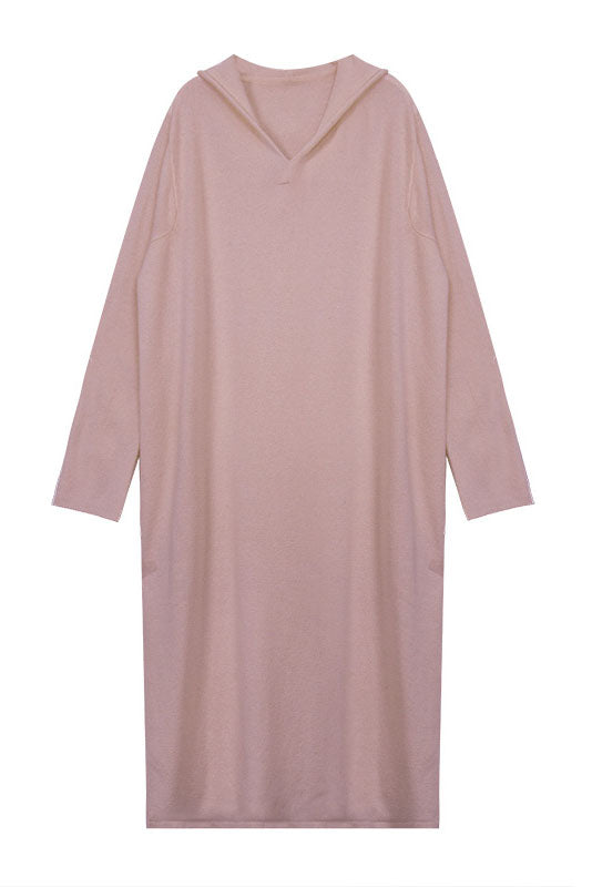 Wool Knit Hoodie Color Long Sleeve Dress
