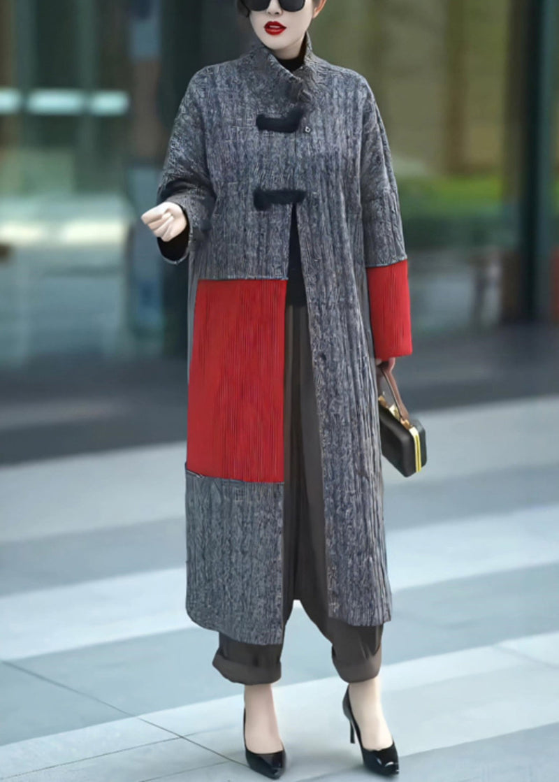Loose Grey Button Knit Patchwork Long Coats Winter