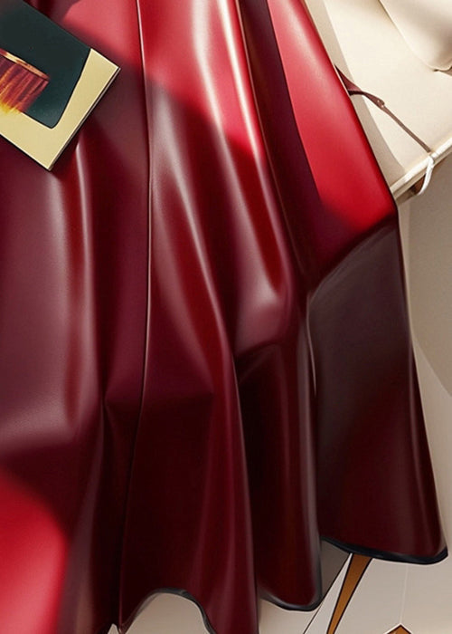 Stylish Red Sashes High Waist Faux Leather Skirts Winter