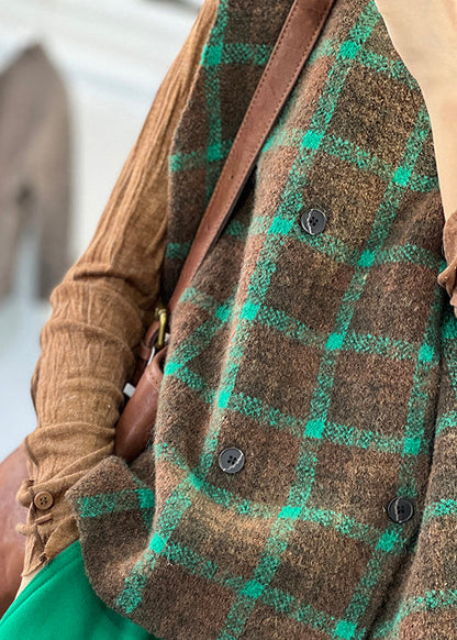 Loose Coffee Green O Neck Plaid Knit Vest Sleeveless
