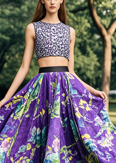 Purple Print Exra Large Hem Cotton Skirt Fall