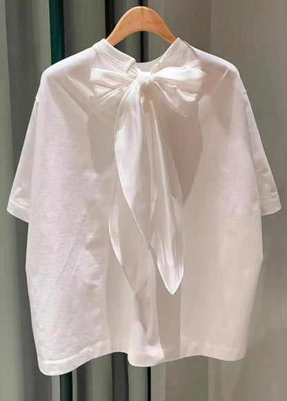 Simple White Lace Up Cotton T Shirts Summer